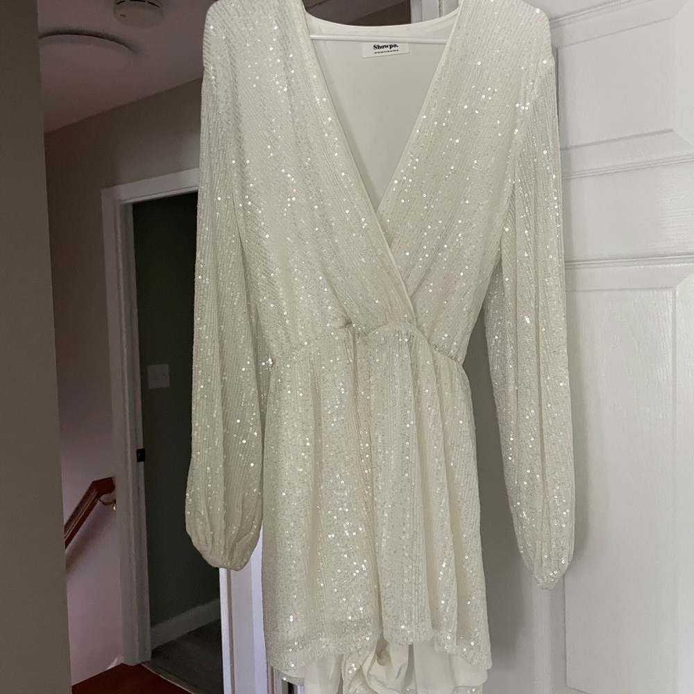 Showpo Cream Sequin Jumpsuit